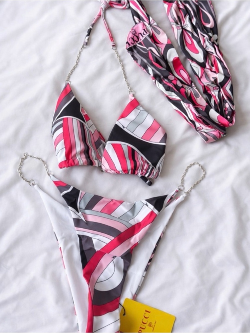 Emilio Puccu style Pink & Black and Graphic Chain-Accent Bikini